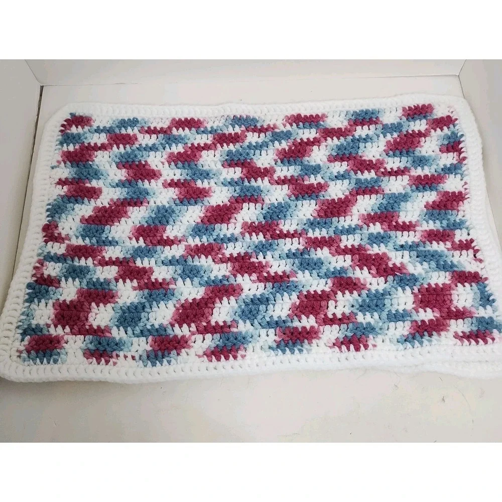 Set Of 2 Handmade Crocheted Rectangular Placemats Green Pink White Crochet 19x13